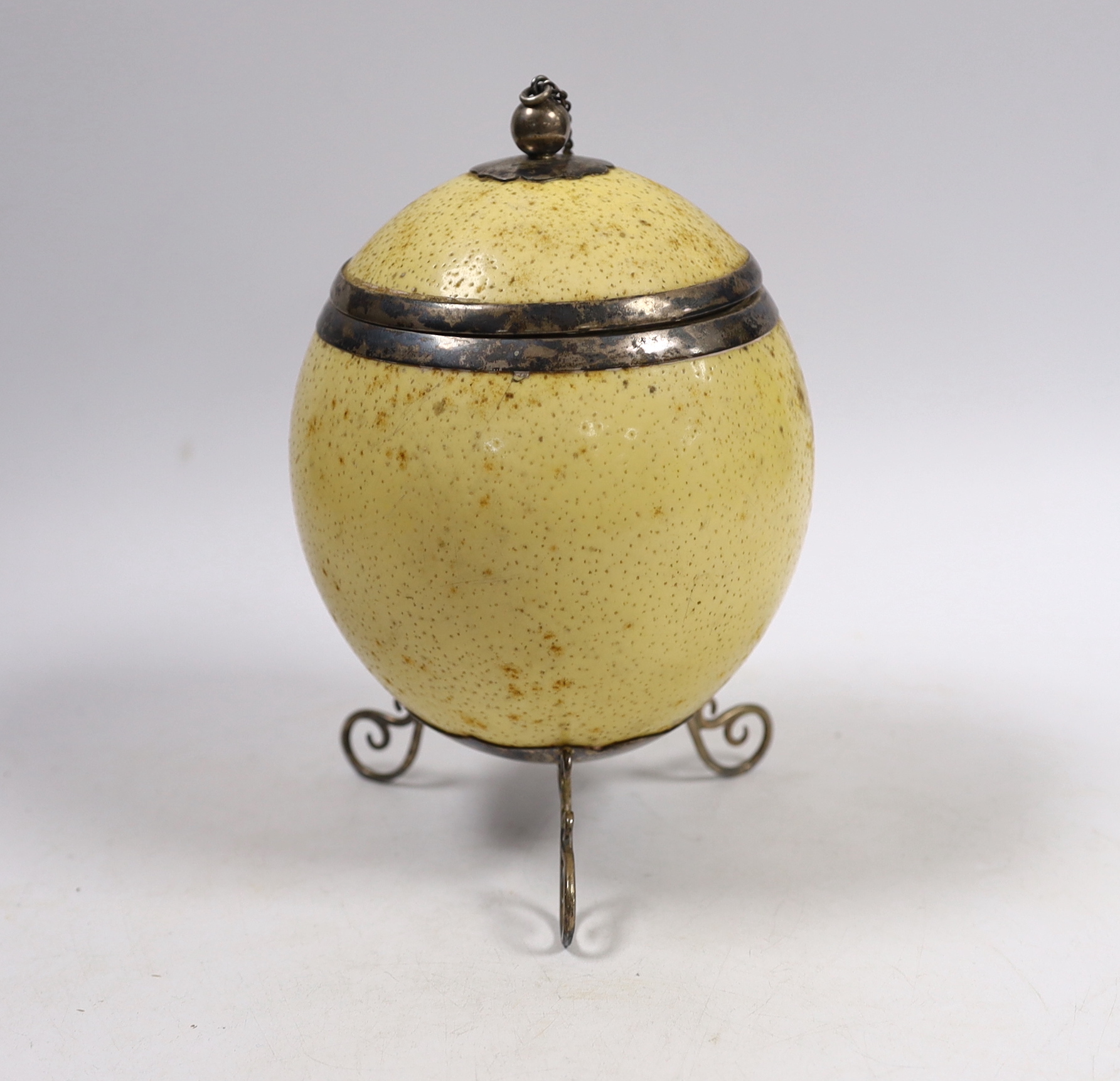 A cased Edwardian silver mounted ostrich egg, with silver mounted cover, Samuel Jacob, London, 1907, housed in a leather and watered silk case, 18.6cm.